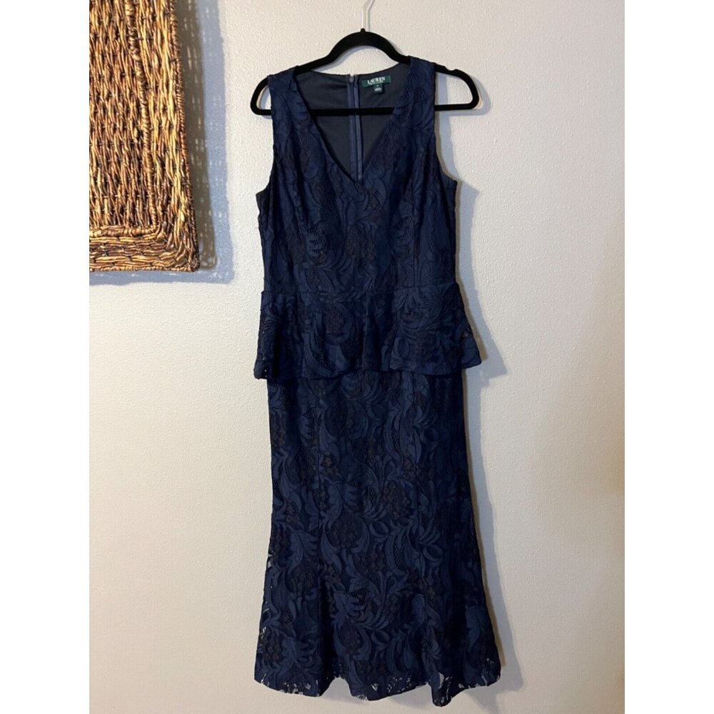 Ralph Lauren Long Formal Kynelle Dress 14 Navy Blue Wedding Party Cruise $270 - Picture 12 of 13